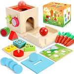 COOLJOY Montessori Toys for 1 Year 5 in 1 Wooden Toys Ball Drop Toy, Coin Box, Carrot Harvest Toy, Shape Sorter & Stacking Toys Baby Sensory Toys Toddler Baby Gifts 1 2 3 Year Old