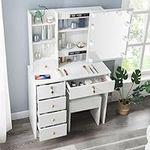 Large Vanity Desk with Light and Mirror, Vanity Table with 6 Drawer and 2 Shelves, White Dressing Table with Upholstered Stool for Girls