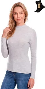 Merino Wool Base Layer Women 100% Merino Wool Long Sleeve Thermal Shirts for Women for Skiing Hiking Womens Turtle Neck Top Grey Marl 165 L