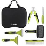 Navaris Pet Grooming Kit - 6pcs for Dog, Cat, Puppy, and Rabbit - De-shedding and De-matting Brushes, Comb, Nail Clipper, File, Slicker Brush for Dogs and Cats - With Carry Bag