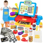 Cash Register Toy for Kids with Real Calculator, Cashier Register with Scanner/Weighter/Credit Card/ Play Money/ Food/Microphone, Pretend Play Store with Apron and Shoping Bag for Kids 4-8