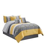 Chezmoi Collection Arden 7-Piece Modern Pleated Stripe Embroidered Zigzag Bedding Comforter Set (Queen, Yellow/Gray/White)