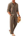 COOFANDY Men's 2 Piece Linen Sets Casual Long Sleeve Button Down Cuban Shirt and Loose Pants Set Beach Vacation Outfits, Brown, XX-L