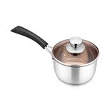 Onader 14cm Saucepan, Stainless Steel Sauce Pot with Glass Lid, Small Milk Cooking Pan with Heatproof Handle for Kitchen Restaurant Cooking, Healthy & Easy Clean