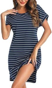 Litherday Chemise de Nuit Femme Coton Manche Dolman Rayé Robe de Nuit Col Rond Nuisette avec Poches Vêtement de Nuit Grande Taille Casual,Bleu Foncé + Blanc,M