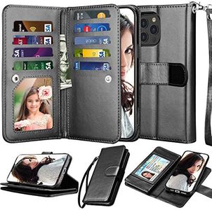 Njjex Compatible with iPhone 12 Pro Max Case/iPhone 12 Pro Max Wallet Case 6.7" (2020), [9 Card Slots] PU Leather Card Holder Folio Flip [Detachable] Kickstand Lanyard Magnetic Phone Cover [Black]