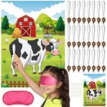 PLULON Pin the Tail on the Game Cow Game Poster with 24 Pcs Tail Stickers for Farm Animal Home Wall Decorations Birthday Party Game Supplies