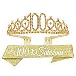 100th Birthday Sash and Tiara for Women - Fabulous Glitter Sash + Loops Rhinestone Gold Premium Metal Tiara for Her, 100th Birthday Gifts for 100 Celebration