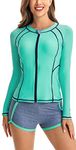 FEOYA Womens Two Piece Swimsuit Long Sleeve Rash Guard with Shorts Zip Front Swimming Costume 2 Piece Bathing Suit Color Block Tankini Swimsuits Uv Sun Protection Swimwear Surfing Swim Set Green L