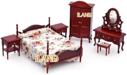 iLAND Wooden Dollhouse Furniture 1/12 Scale, Dollhouse Bedroom Furniture in Mahogany Color incl Dollhouse Bed & Dressing Table & Wardrobe (Classical Miniature Furniture 6pcs)