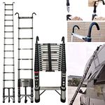 14.4FT 4.4M Telescoping Ladder Stainless Steel Extendable Foldable Retractable Portable Ladder 14 Steps Telescopic Extension Ladder with Hook, Compact Loft Ladder for Roof Work, Home Daily Housework