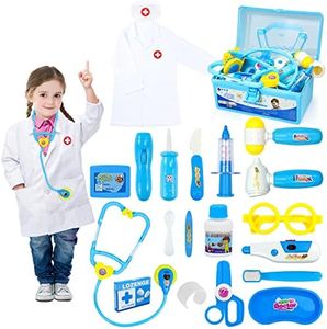 Fajiabao Doctor Kits for Kids with Stethoscope Medical Set Toys Doctor Coat Indoor Family Games Dress Up Costume Role Pretend Play for Toddlers Boys Girls 2 3 4 5 6 Years Old (14 PCS)