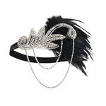 JISEN 1920s Flapper Vintage Feather Gatsby Crystal Headpiece Black