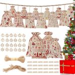 24 Pcs Christmas Advent Calendar Bags, DIY Burlap Hang Countdown Calendar Bags With Numbers, Clips and Twine, 2 Different Size Drawstring Gift Bags For Candy, Choclate, Toy and Jewllery