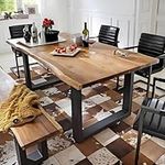 Industrial Solid Wood Dining Table, Farmhouse Kitchen Table, Rectangle Large Dining Room Table Coffee Table with Metal Legs for 4-6 People