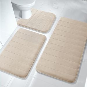 Yimobra 3 Pieces Bath Mat Set, Extra Large Memory Foam Bathroom mats 44.1x 24 Inches, Bathroom Rugs, Contour Toilet mat, Non-Slip, Soft, Water Absorbent,Dry Quickly, Machine Washable, Beige