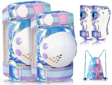 NEMONE Mermaid Knee Pads for Kids, Girls Boys Knee Elbow Pads Wrist Guards with Drawstring Bag, Adjustable Reflective Protective Gear Set for Roller Skates Bike Cycling Skateboard Scooter