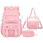 KEBEIXUAN Backpacks for Girls School Bag Water Resistant Kids Bookbag Teen Backpack Set With Kawaii Fur Balls and Badges (Pink)