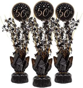 Sparkle and Bash 3 Pack 50th Birthday Decorations, Black and Gold 50th Anniversary Cascading Centerpieces (14.5 Inches)