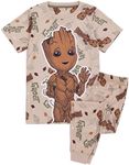 Marvel Guardians of the Galaxy Kids Pyjama Set | Short Sleeve T-Shirt with Cuffed Bottom Trousers Pjs For Boys & Girls | I Am Groot Brown All Over Tree Print | Movie Loungewear Gift for Children