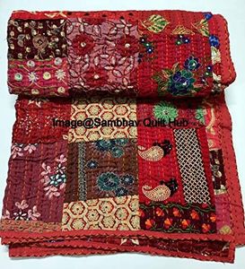 Colcha Kantha bordada de retazos indios rojos, estilo vintage, tamaño Queen/King, para decoración del hogar, colcha Kantha, colcha india con 2 fundas de almohada