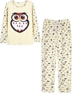VENTELAN Women's Cute Owl Printed Sleepwear Pajamas Leisure Comfort Nightgown, Beige, Medium(USA Size:810)