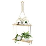 Afuly Hanging Shelf for Wall, Pine Wood Floating Macrame Shelves Boho Chic Wall Storage Shelves Cute Wood Floating Shelf 2 Tier Cotton Rope for Living Room Bathroom Bedroom Bathroom