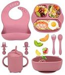 Jissta Baby Weaning Set,8 Pcs Silicone Baby Feeding Set with Suction Bowl, Adjustable Bib,Cup,Fork & Spoo,Baby Plate,Silicone Plate Baby Non-Slip Without bpa (Pink)