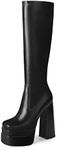 wetkiss Stacked Platform Knee High Boots for Women With High Chunky Heel, Gogo Boots for Women with Square Toe Side Zipper Stretch Boot, Black, 7