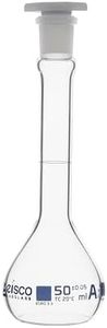 EISCO Volumetric Flask, 50ml - ASTM, Class A - Tolerance ±0.05ml - Interchangeable, Size 13 Polypropylene Stopper - Single, White Graduation - Borosilicate Glass