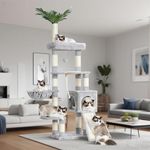 Heybly Cat Tree, 65.4 inches Cat Tower for Indoor Cats, Cat Condo with Perches, Basket, Leaf, Feeding Bowl, Multi-Level Plush Modern Cat Furniture with Scratching Posts, Light Gray HCT015W