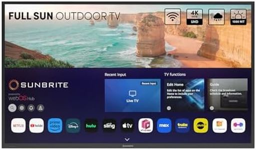 SunBrite 65" Solis Smart Outdoor Television, Full-Sun 4K TV, 1500-Nit Brightness, Anti-Glare Screen, IP55 Weatherproof, Wi-Fi Bluetooth, Integrated Speakers SB-FS-65-BL
