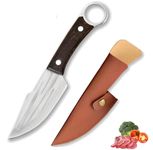 Defflo 3 Layer Anti Rust Japanese Butcher Knife Mongolian Viking Steel Knife, Circular Handle Knife with Leather Sheath, Forged Boning Multipurpose Meat Cleaver Butcher Knives for Outdoor Camping BBQ