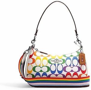 COACH Womens Teri Shoulder Bag In Blocked Signature Canvas, Sv/Chalk Rainbow Multi