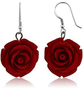 Gem Stone King 20MM 925 Sterling Silver Red Simulated Coral Carved Rose Flower Earrings