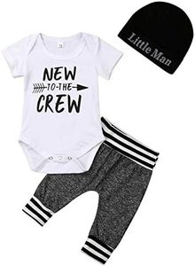 Newborn Baby Boy Clothes to The Crew Print Romper+Pants+Hat 3Pcs Outfits Set (3-9 Months, Short Sleeve)