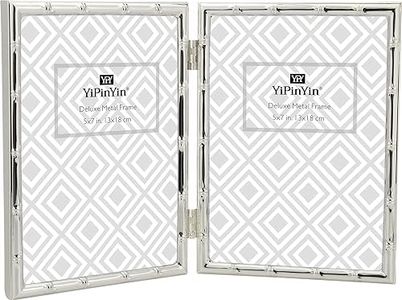 YiPinYin 5x7'' Bamboo Detail Double Photo Frames, Silver double Metal Picture Frame 7x5'', Elegant Thin Edge Photo Frames 5x7'' With Soft Velvet Backing and Real Glass Front for Desktop