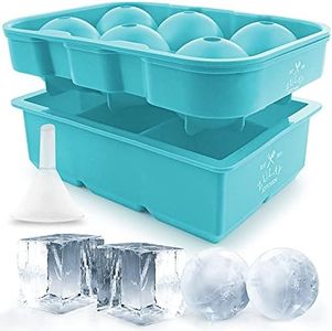 Zulay Kitchen Silicone Ice Cube Trays Set of 2 - Large Square Ice Cube Molds and Sphere Ice Ball Maker with Lid - BPA Free Reusable Ice Mold For Whiskey, Cocktails, Bourbon (Blue)