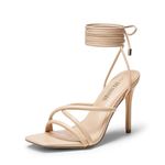 DREAM PAIRS Heels for Women Strappy High Stiletto Lace Up Heeled Sandals Square Open Toe Heels for Prom Party Dating, Nude-pu, 6