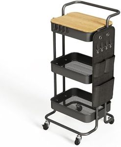 DTK 3 Tier Metal Utility Rolling Cart with Table Top and Side Bags, Tray Storage Organizer Wheels, Art Craft 4 Hooks for Kitchen Bathroom Office Living Room (Black)