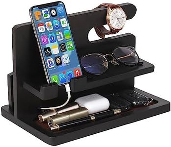 YSangift Wood Phone Docking Station Gifts for Men, Bedside Organizer Charger Holder for Nightstand, Watch Key Holder Wallet Stand for Husband Dad Boyfriend Anniversary Birthday Gift, Black