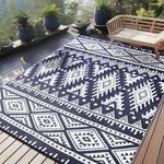 OLANLY Outdoor Rug Waterproof 9x12 ft, Reversible Outdoor Plastic Straw Rug, Boho Patio Rug, Indoor Outdoor Carpet, RV Mat Outside for Patio, Camp, Picnic, Balcony, Deck, Backyard, Navy & White