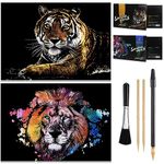 Animal scratch art rainbow painting paper, Engraving Art & Craft Set, Creative foil scratch toys gift, DIY sketch card scratchboard for Teen, Adults, Girl, Women - 16'' x 11.2'' (Tiger/Lion)