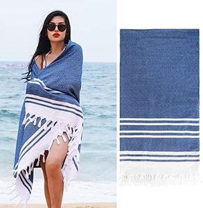 LINENOVA 100% Cotton Turkish Beach Towel 180x100cm, Sand Free Quick Dry Lightweight Large Oversized Turkish Bath Towels for SPA, Beach, Pool, Gym and Bathroom- Navy