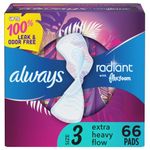 Always Radiant Feminine Pads with Wings for Women, Extra Heavy Overnight, Light Clean Scent, Size 3 (Pack of 66)