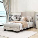 Tuconia Upholstered Platform Twin Bed Frame with Headboard Wooden Slats Support Easy Assembly No Box Spring Needed Beige Velvet