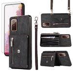 Phone Case for Samsung Galaxy S20 FE 5G/S20 Fan Edition Wallet Cover with Tempered Glass Screen Protector Wrist Crossbody Strap Card Holder Stand S 20 EF UW S20FE5G S20FE 20S S2O 4G G5 Women Black