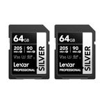 Lexar Professional SILVER SD Card 64GB 2-Pack, Up to 205MB/s Read, 90MB/s Write, SDXC UHS-I Memory Card, Class 10, U3, V30, SD Card for Professional Photographers, Videographers, Enthusiasts