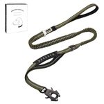 Dote on Tactical Dog Lead with Padded Handles 4.5-6.3FT Shock Absorbing Bungee Heavy Duty Reflective Lead Strong No-Pull Design Metal Carabiner Clip Car Seat Belt for Medium Large Dogs, ArmyGreen