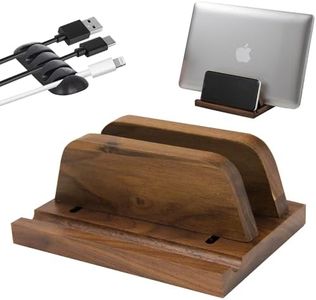 Vertical Laptop Stand Wood, Wooden Adjustable Laptop Holder, Walnut, 2 Slot, Double, Upright Laptop Holder for Desk, MacBook Stand, Laptop Dock, Desktop Organizer, Fits MacBook, Other Laptops, Phone